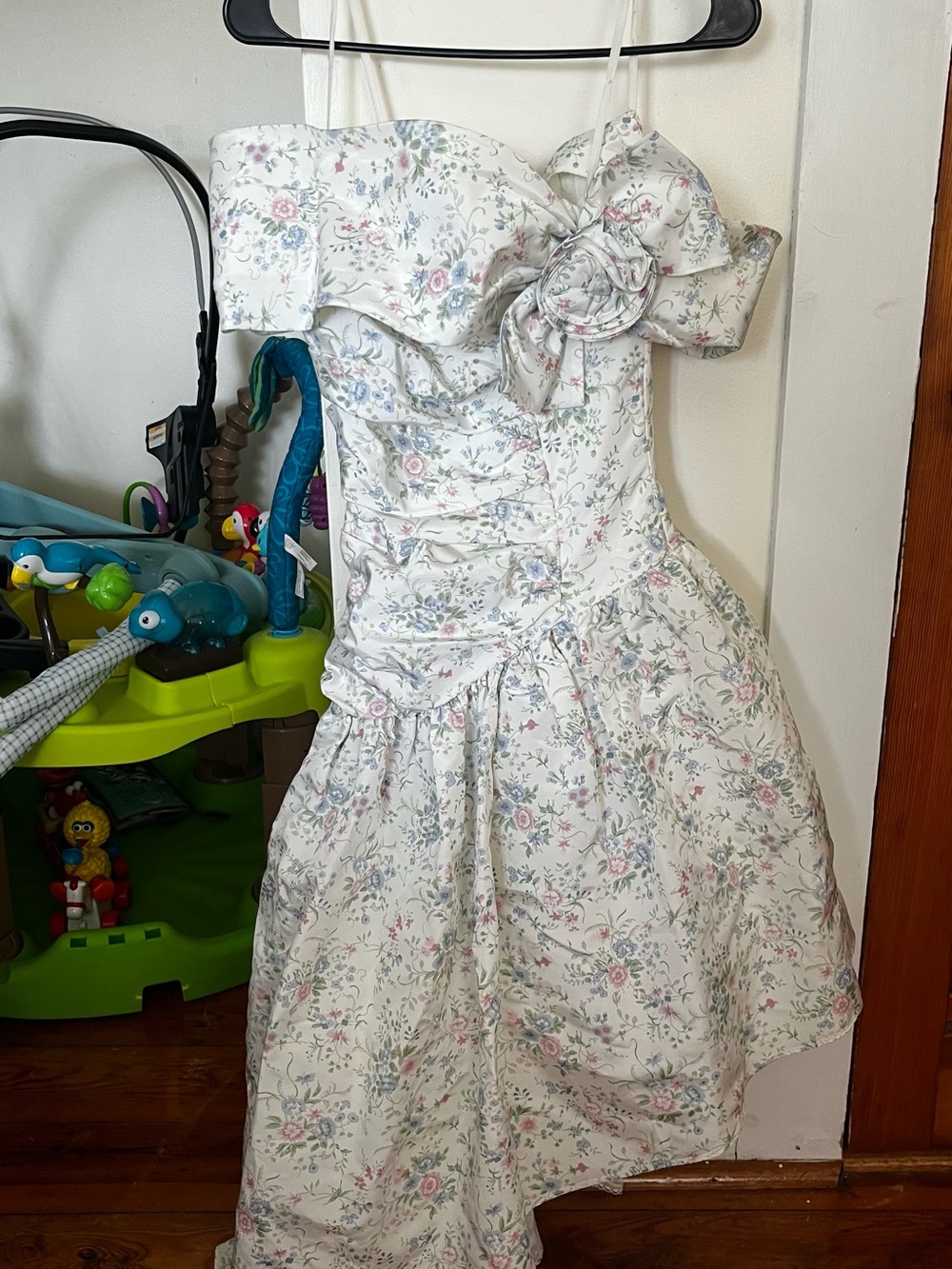 Gunne Sax White Floral Strap Dress with Pastel Pink and Blue Accents
